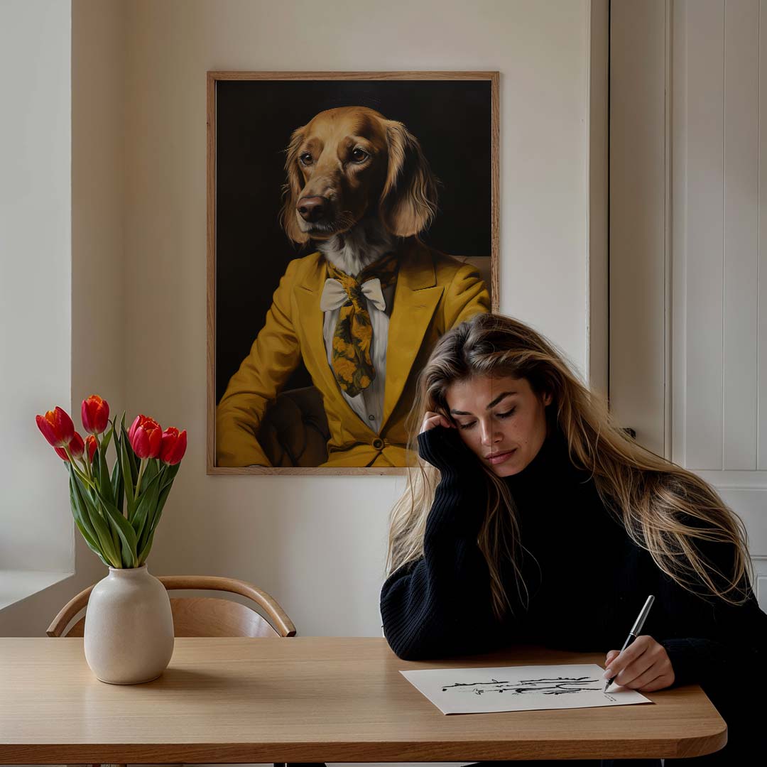 Stijlvolle Hond in Geel Kostuum Poster-WallArtistic