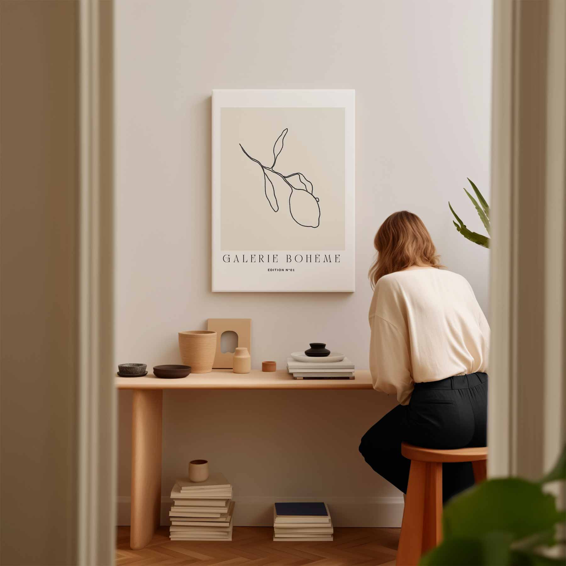 Minimalistische Citroenlijntekening Kunstwerk-canvas-dibond-plexiglas-wanddecoratie-WallArtistic