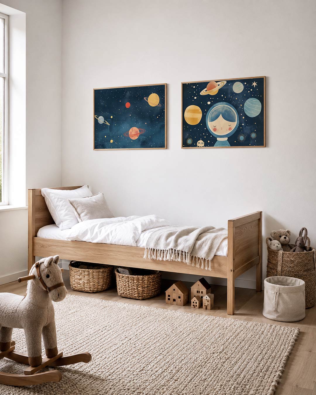 Interieurpresentatie van twee posters met kleurrijke planeten op een diepblauwe achtergrond