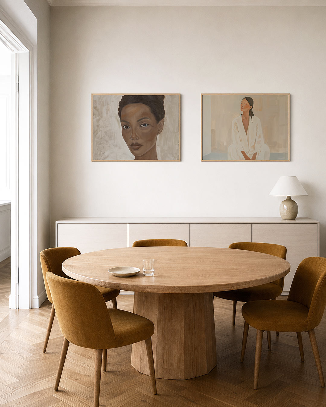 Interieurpresentatie van twee posters met donkere tinten en een rustige visuele opbouw