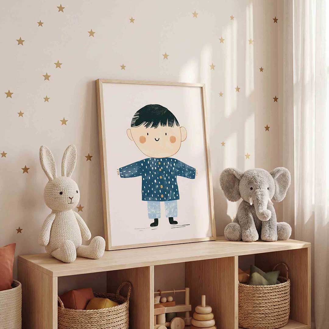 Jongen in blauwe jas Poster