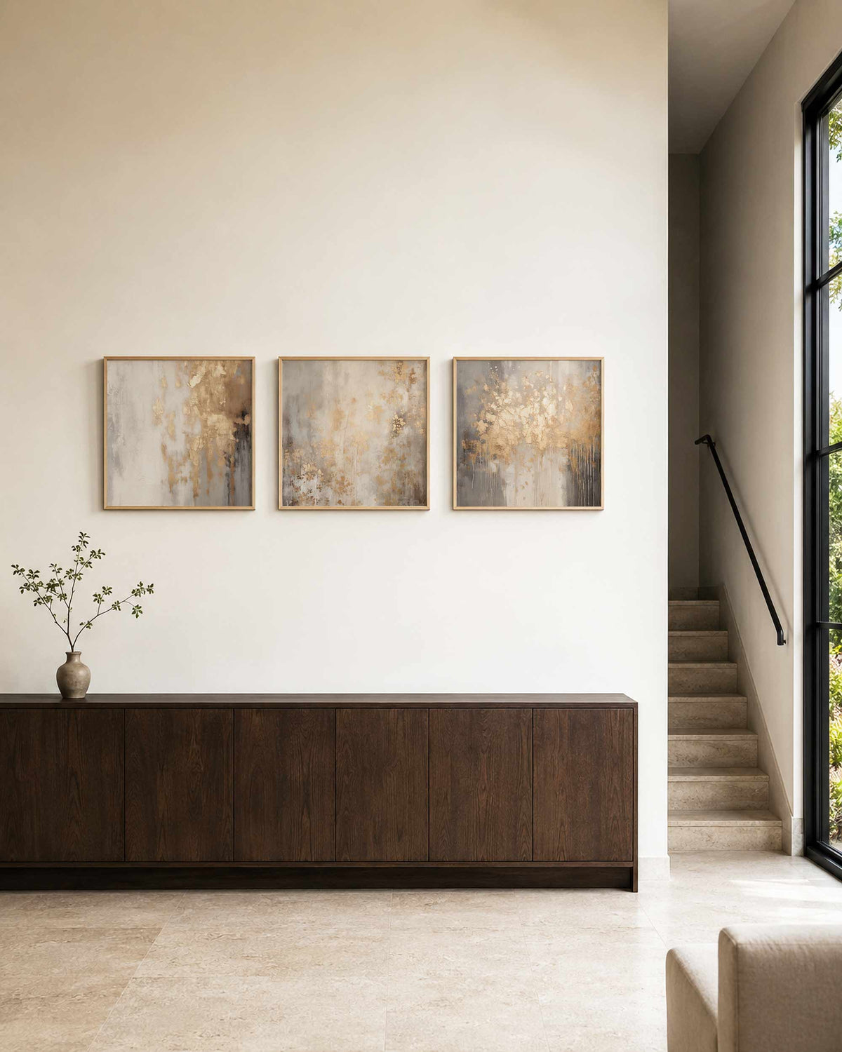 Interieurpresentatie van een driedelige vierkante posterset met beige abstracte kunst