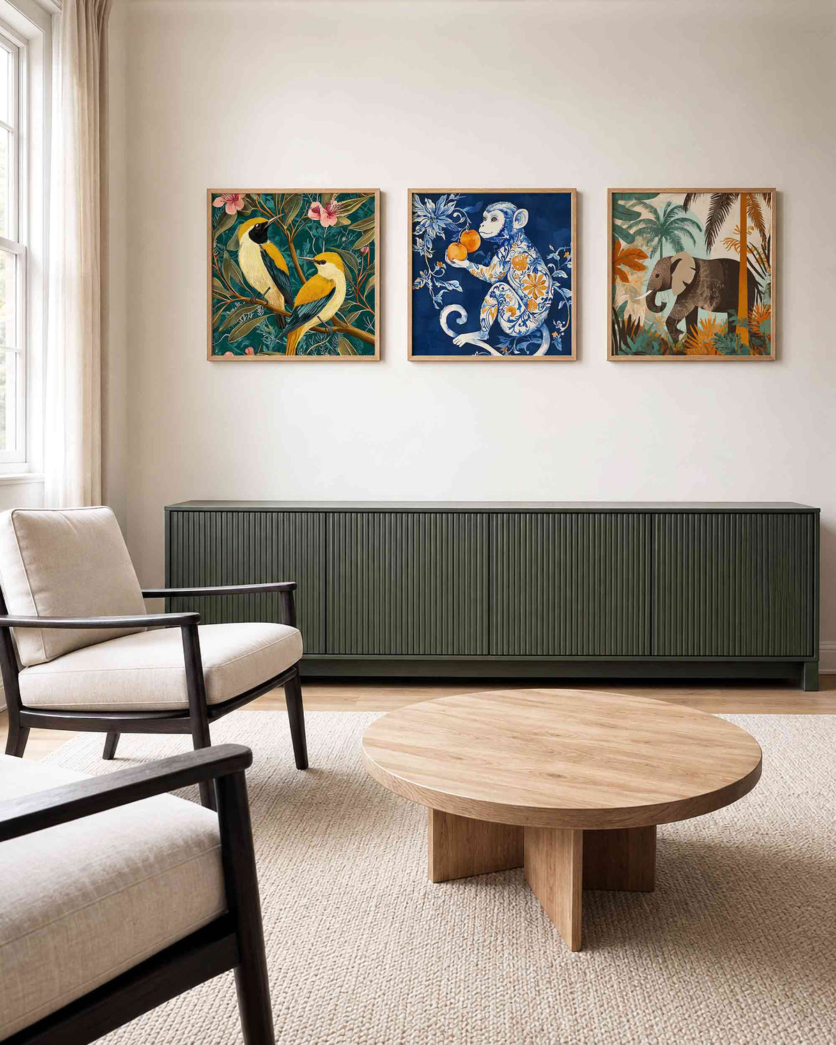 Interieurpresentatie van een driedelige vierkante posterset met tropische dieren