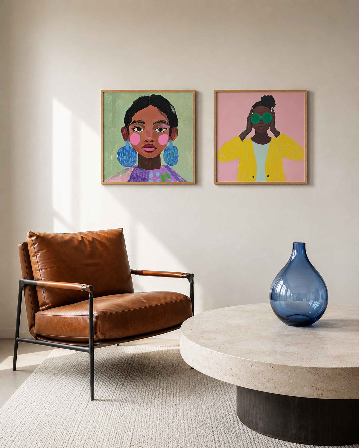 Interieurpresentatie van een tweedelige vierkante posterset met vrouwenportretten