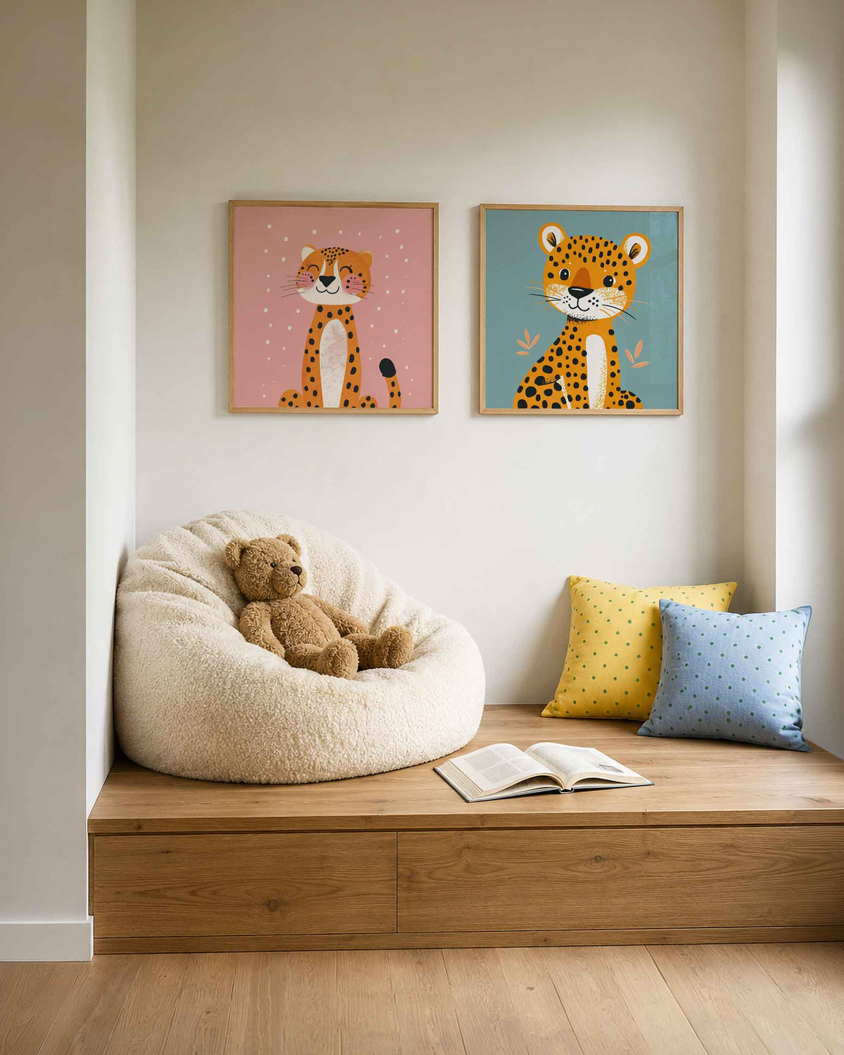 Interieurpresentatie van een tweedelige vierkante posterset met gevlekte jachtluipaarden