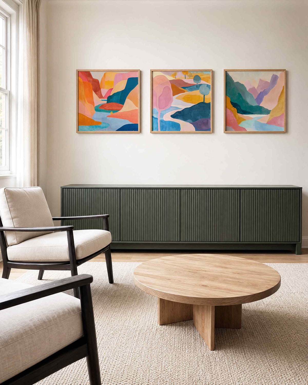 Interieurpresentatie van een driedelige vierkante posterset met kleurrijk abstract landschap