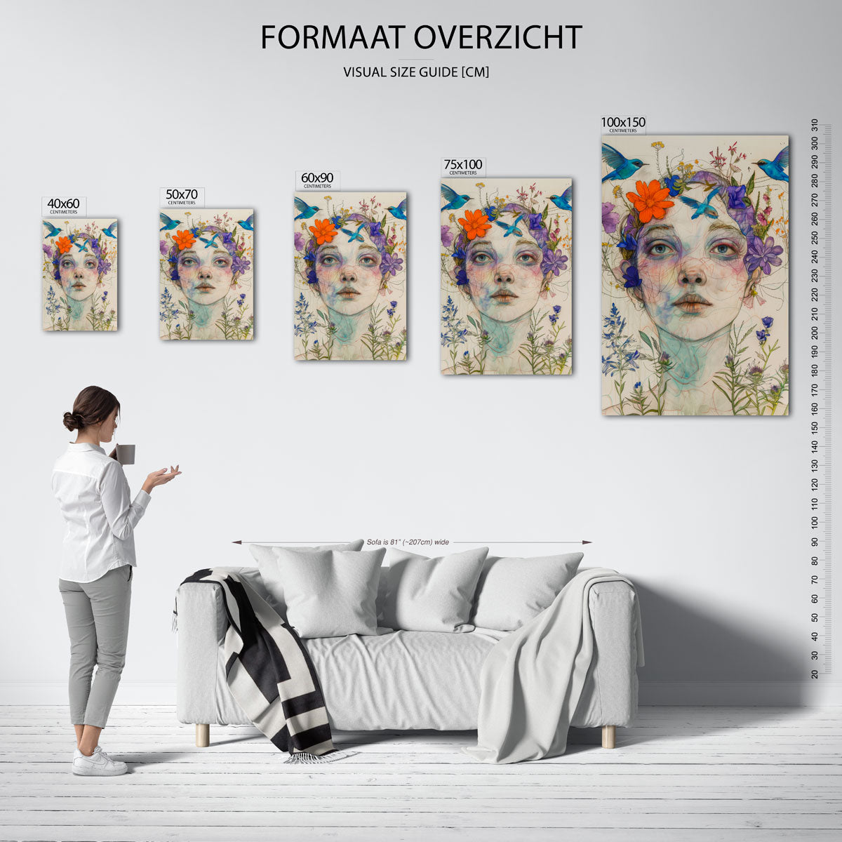 Vrouw met bloemen en vogels Kunstwerk