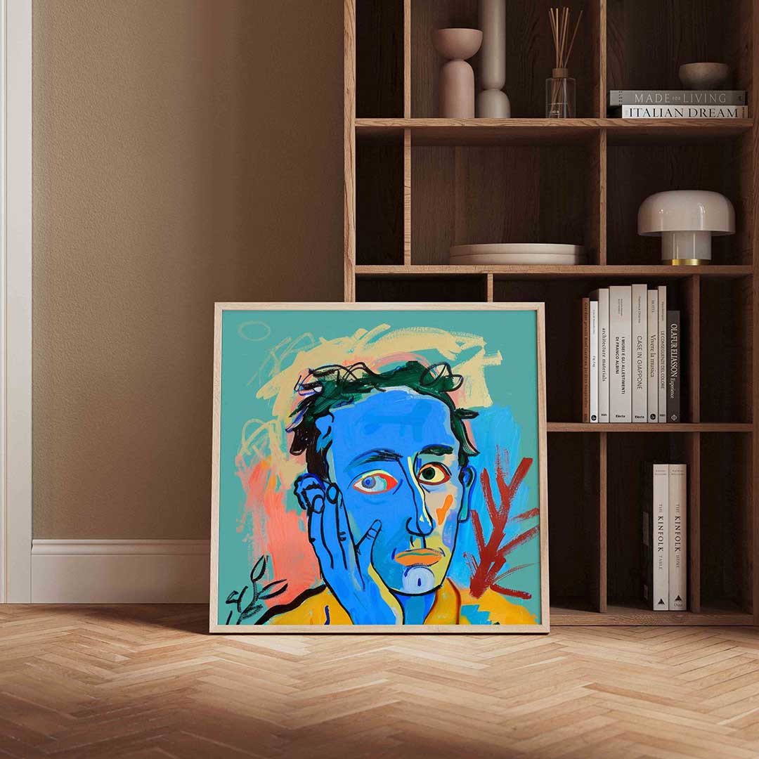 Blauw gezicht met hand Poster