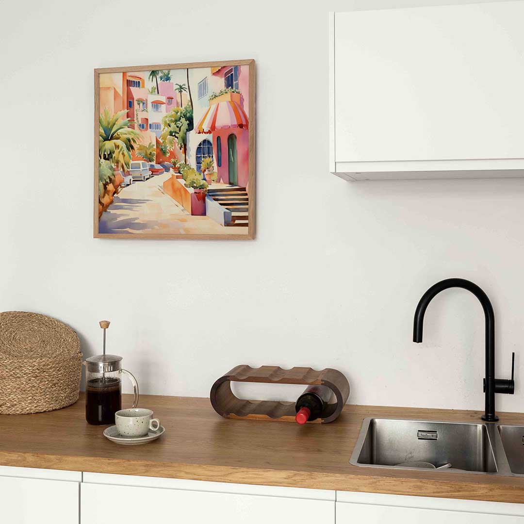 Zonnige straat met palmbomen Poster