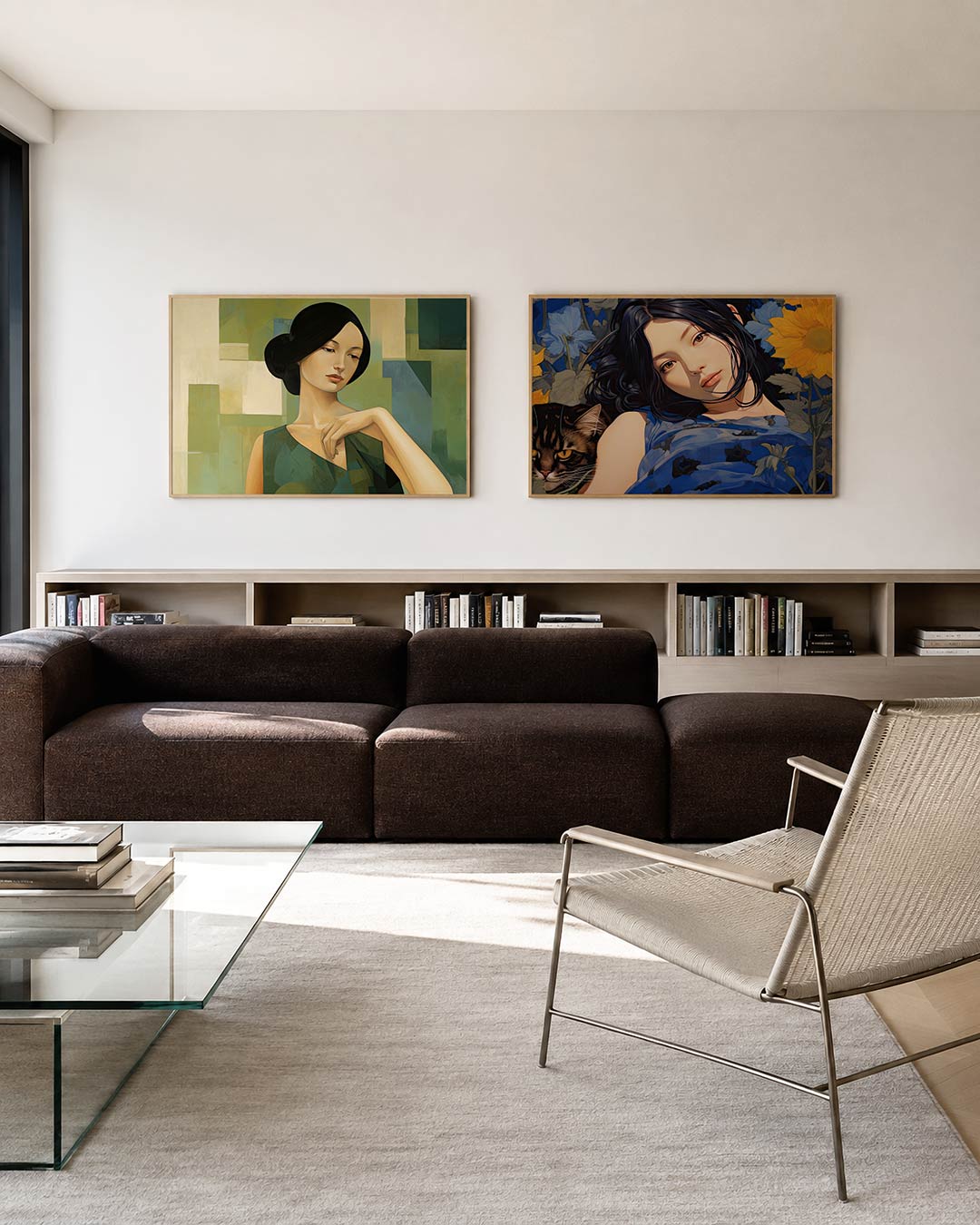 Interieurpresentatie van twee posters met een vrouwelijk figuur met een serene blik