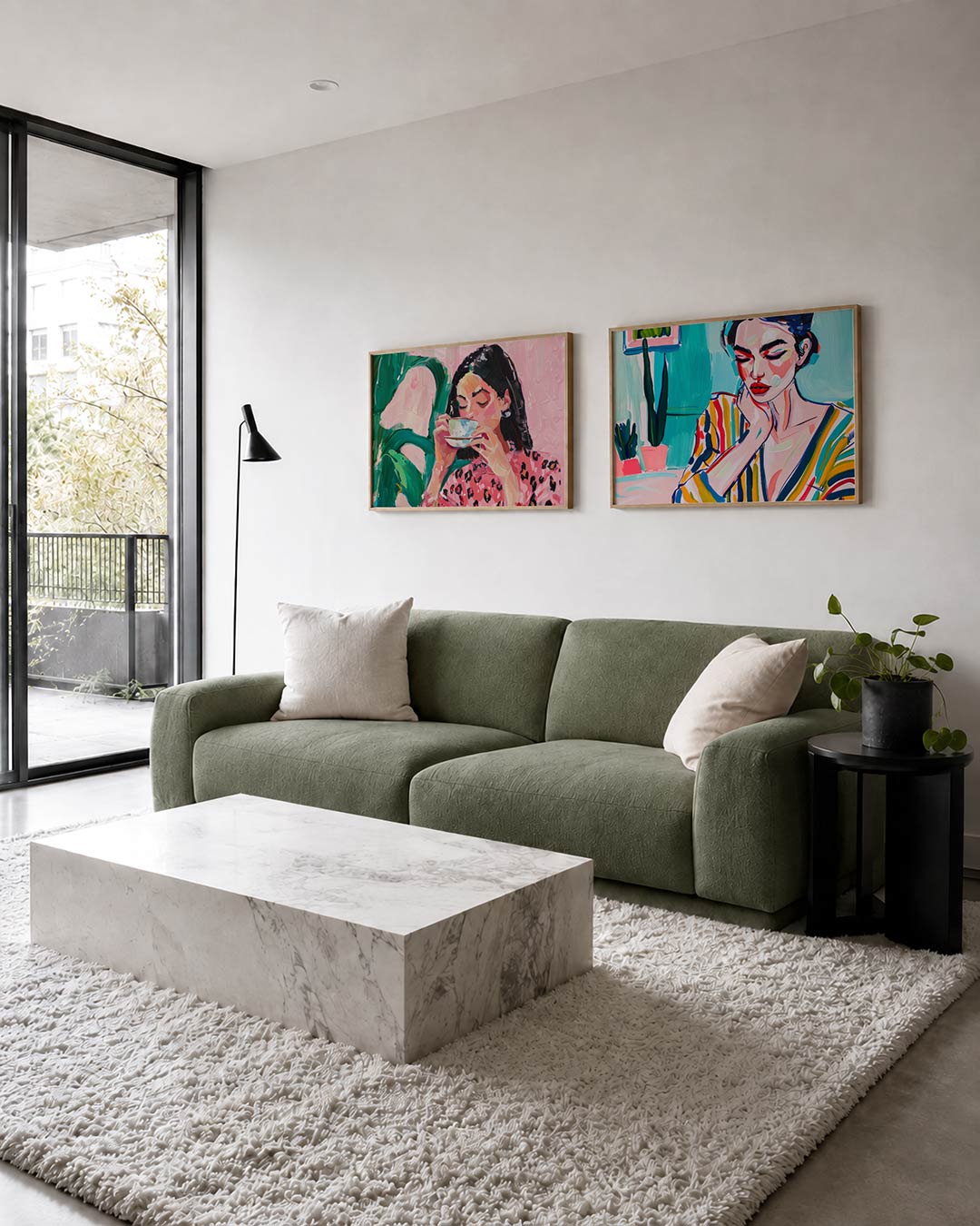 Interieurpresentatie van twee posters met een vrouw met een kopje, omgeven door levendige penseelstreken in roze en groen