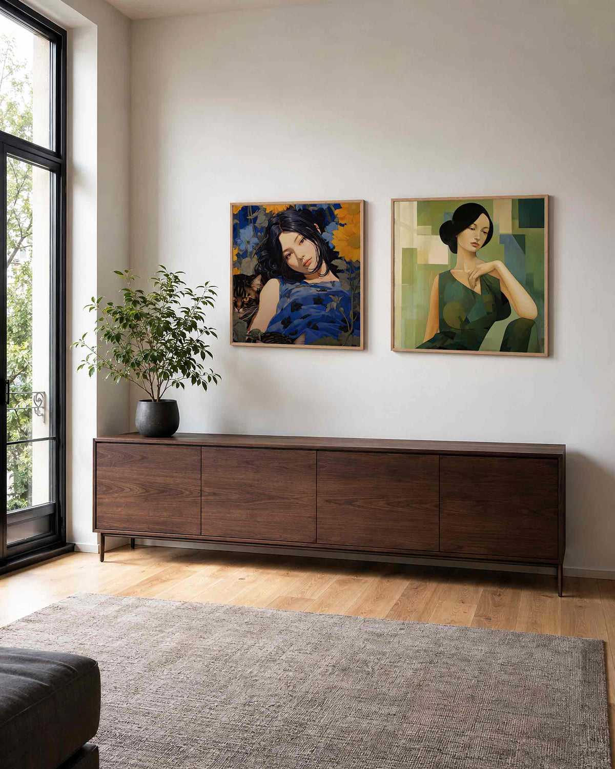 Interieurpresentatie van een tweedelige vierkante posterset met portretten van vrouwen