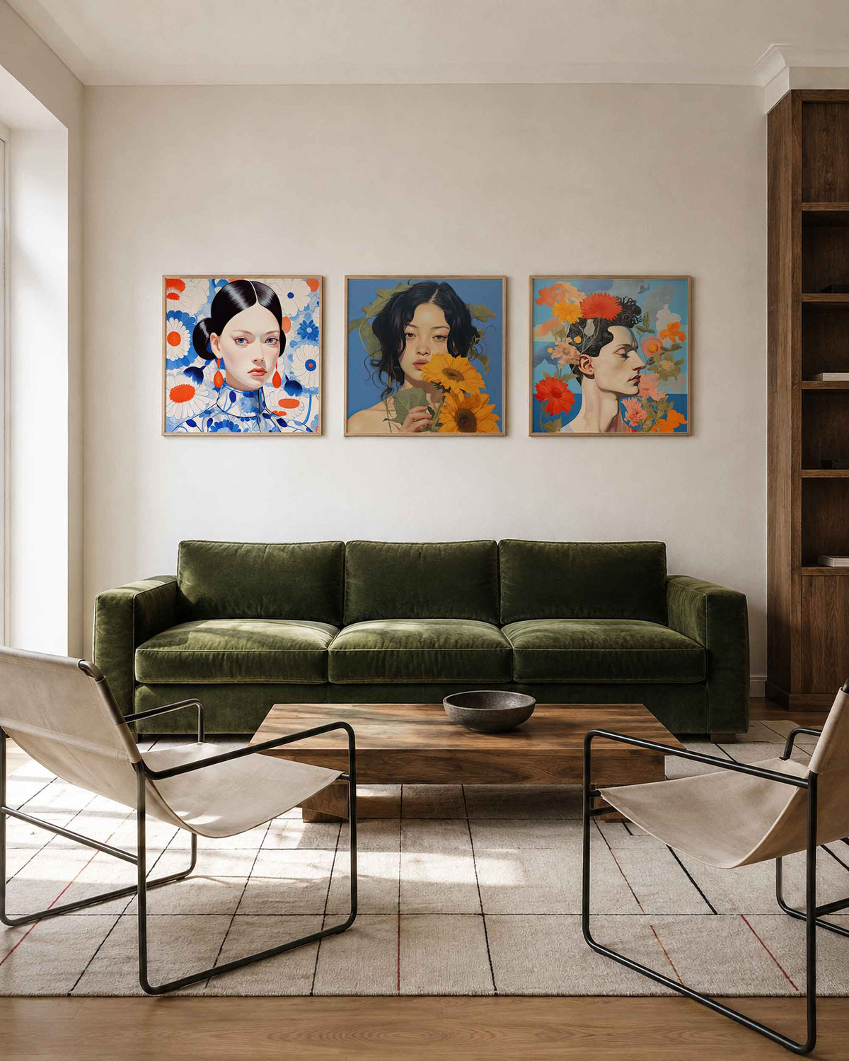 Interieurpresentatie van een driedelige vierkante posterset met bloemenportretten