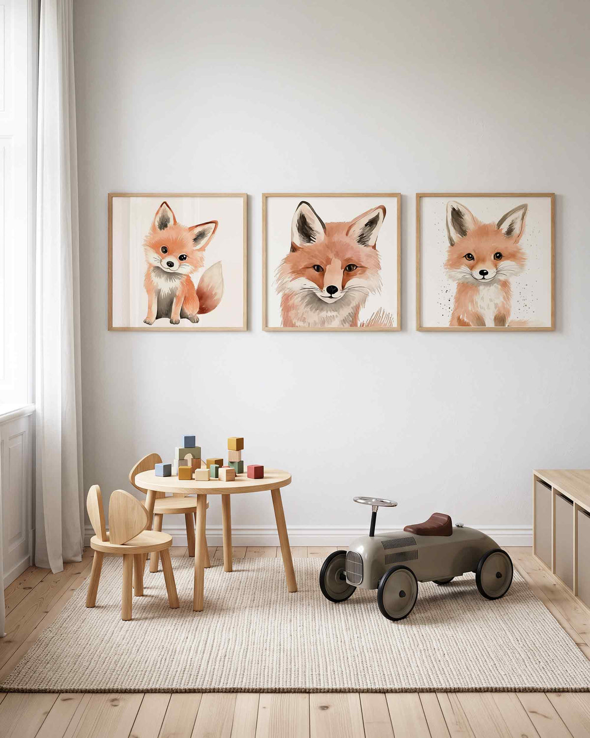 Interieurpresentatie van een driedelige vierkante posterset met vosjes illustraties