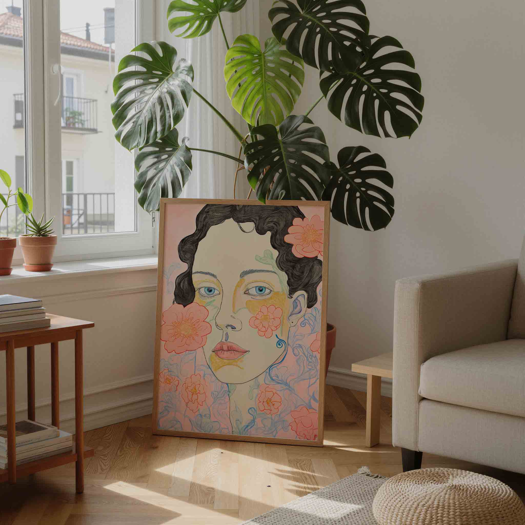 Vrouwelijk gezicht met bloemen Poster