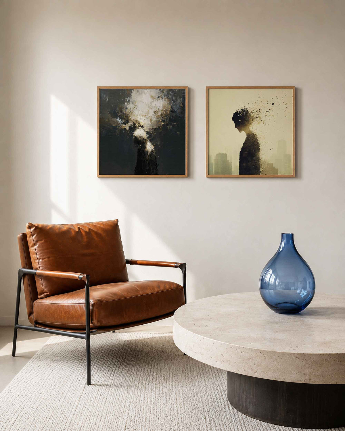 Interieurpresentatie van een tweedelige vierkante posterset met silhouetten in verf