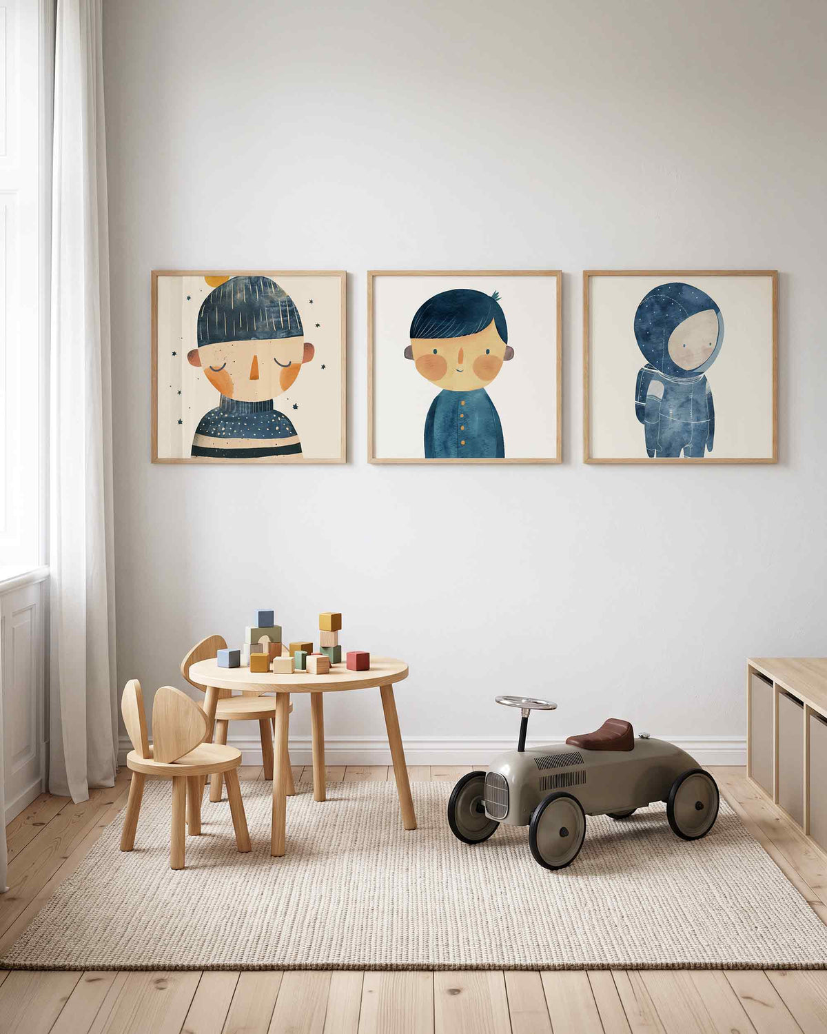 Interieurpresentatie van een driedelige vierkante posterset met ruimtefiguren