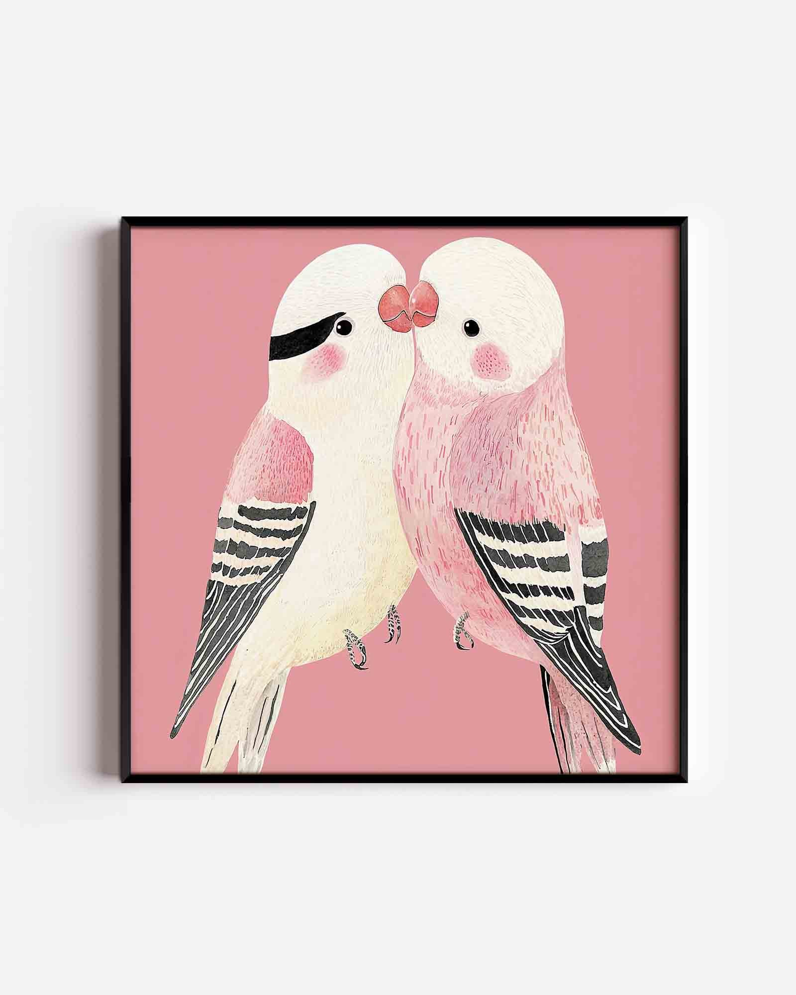 Twee vogels op roze achtergrond Poster