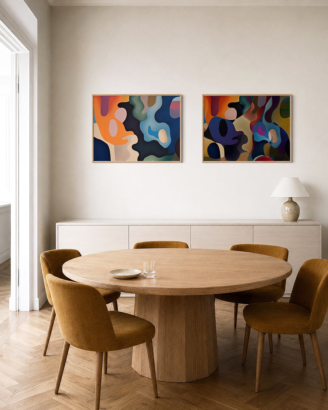 Tweedelige posterset met vloeiende vormen en levendige kleuren, getoond in een interieur