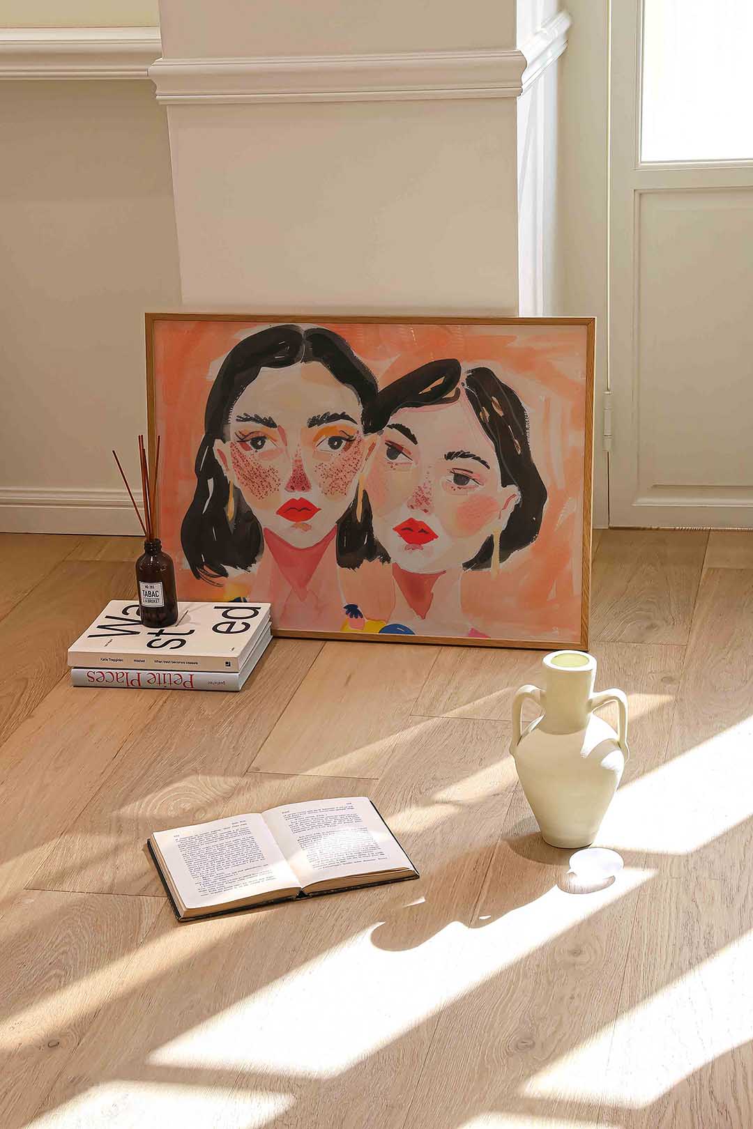 Twee gezichten met rode lippen Poster