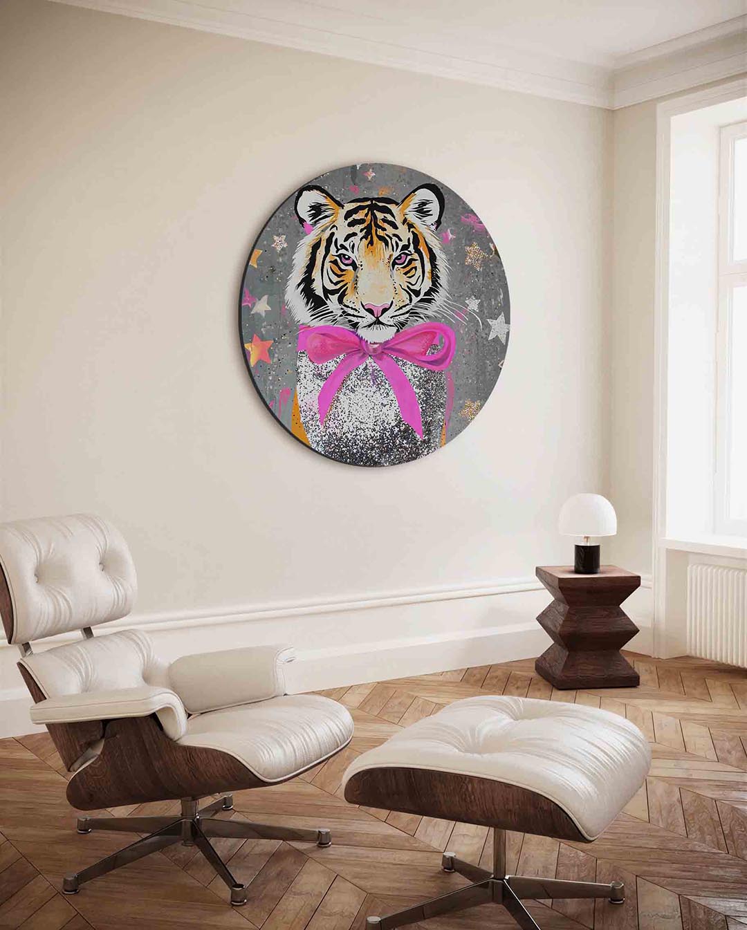 Tijger met roze strik Muurcirkel