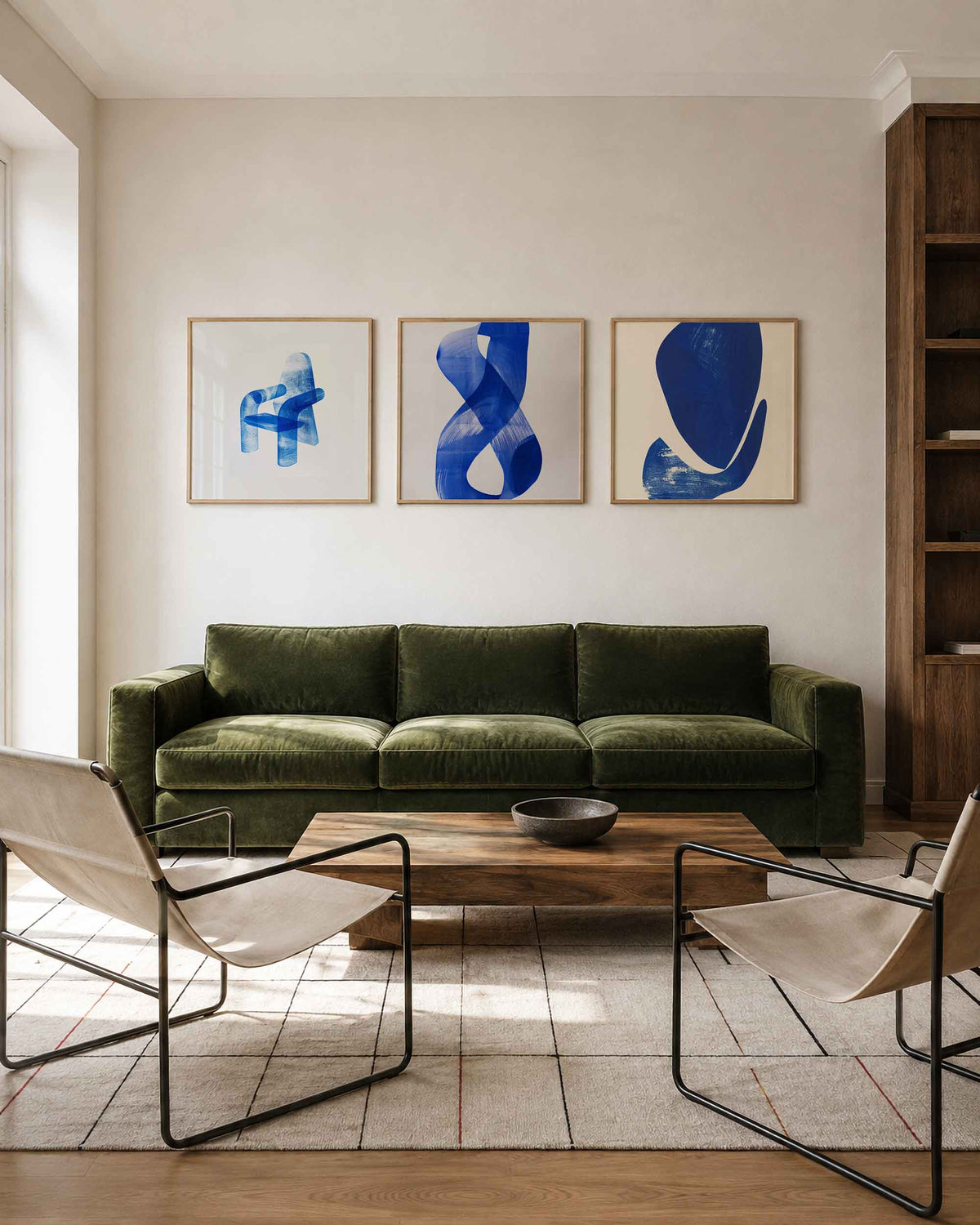 Interieurpresentatie van een driedelige vierkante posterset met blauwe abstracte vormen
