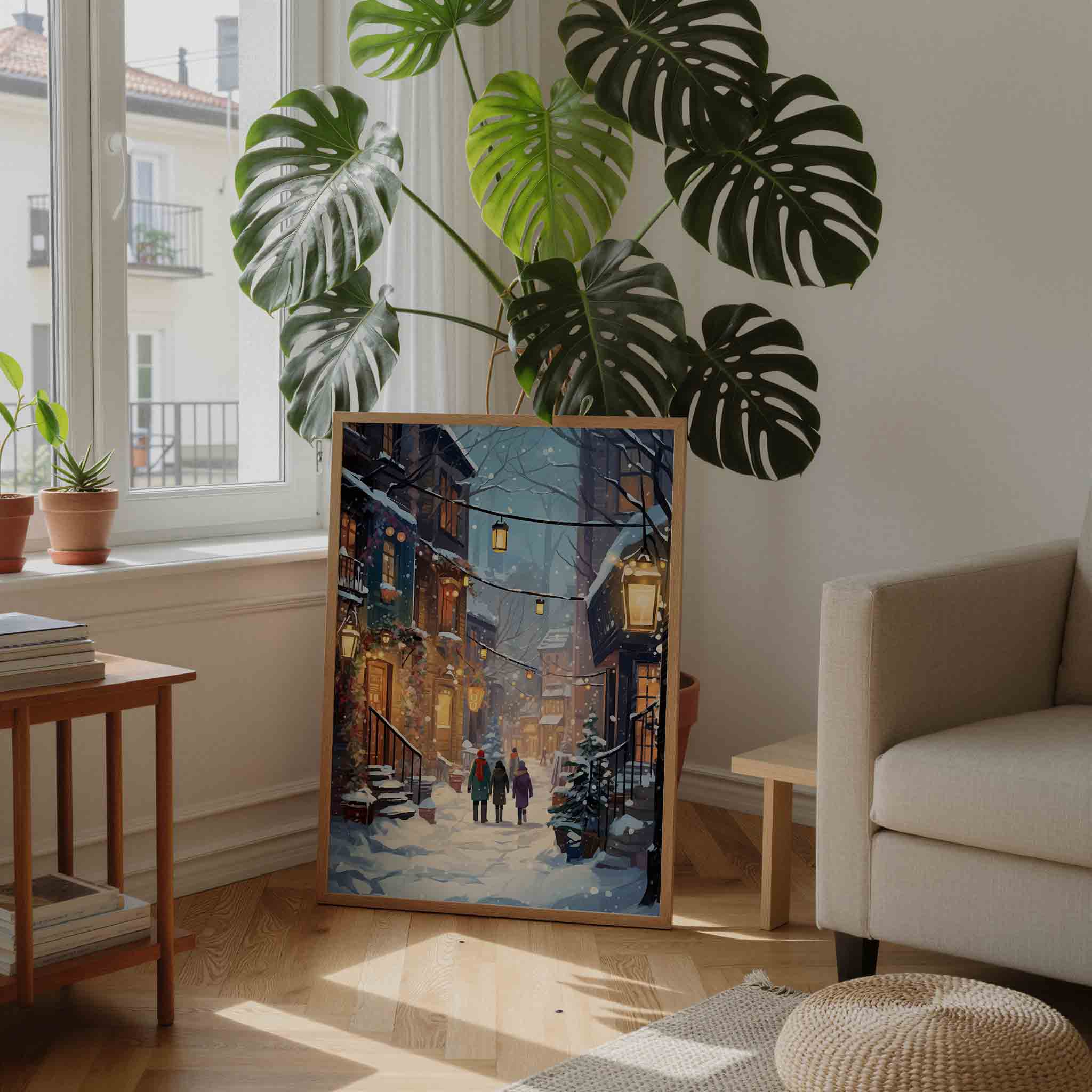 Winterse straat met lantaarns Poster