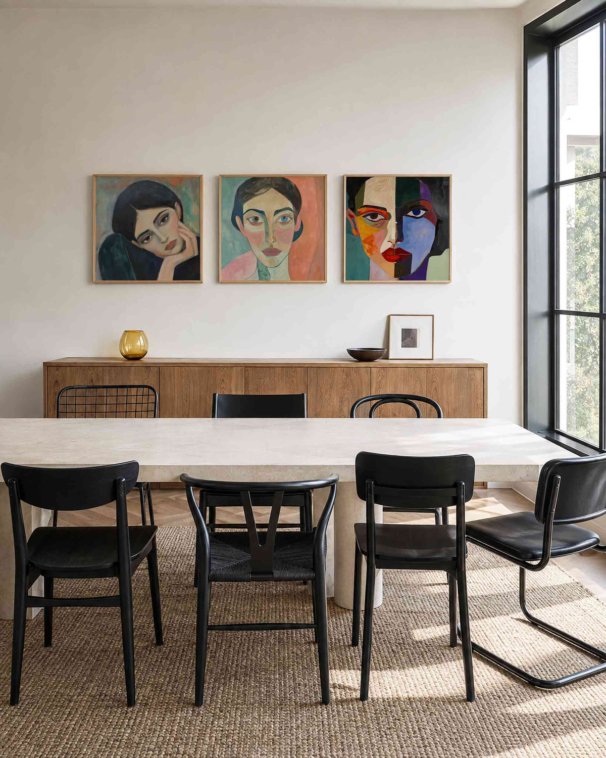 Interieurpresentatie van een driedelige vierkante posterset met abstracte portretten