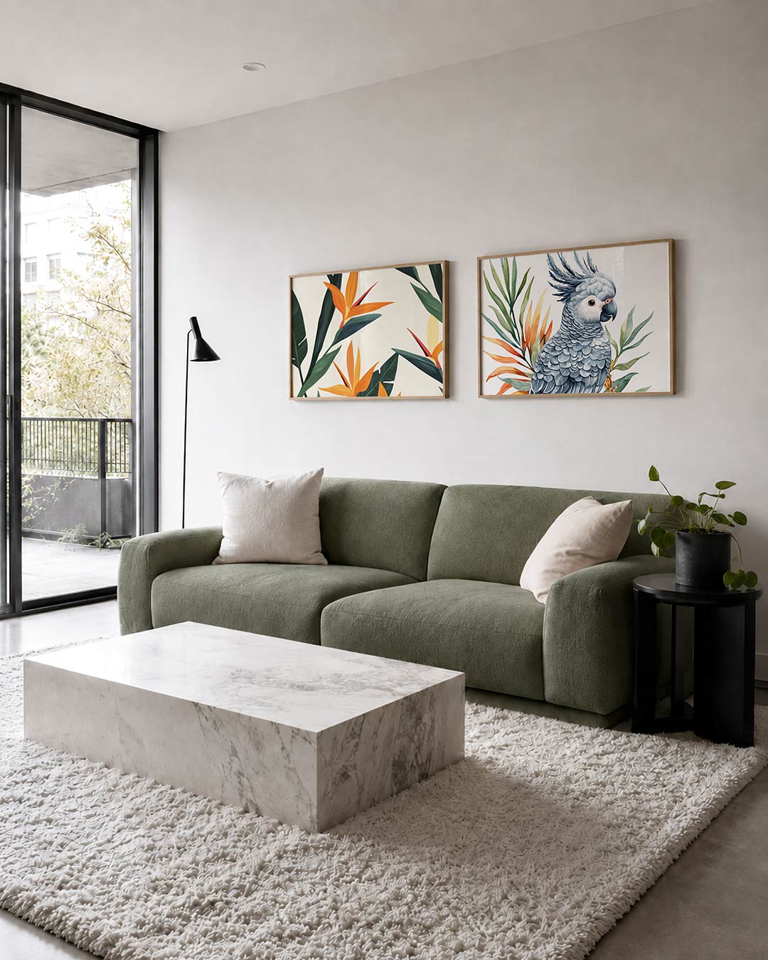 Tweedelige posterset met oranje bloemen en donkergroene bladeren tegen een lichte achtergrond, getoond in een interieur