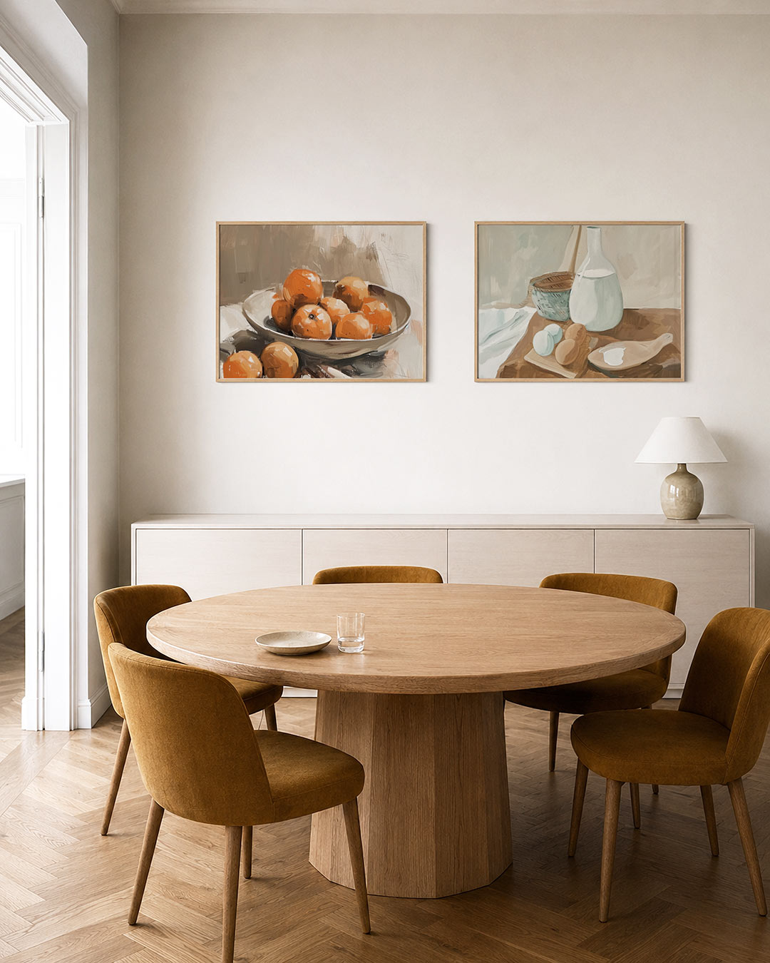 Tweedelige posterset met een schaal vol oranje vruchten, omlijst door zachte, aardse tinten, getoond in een interieur