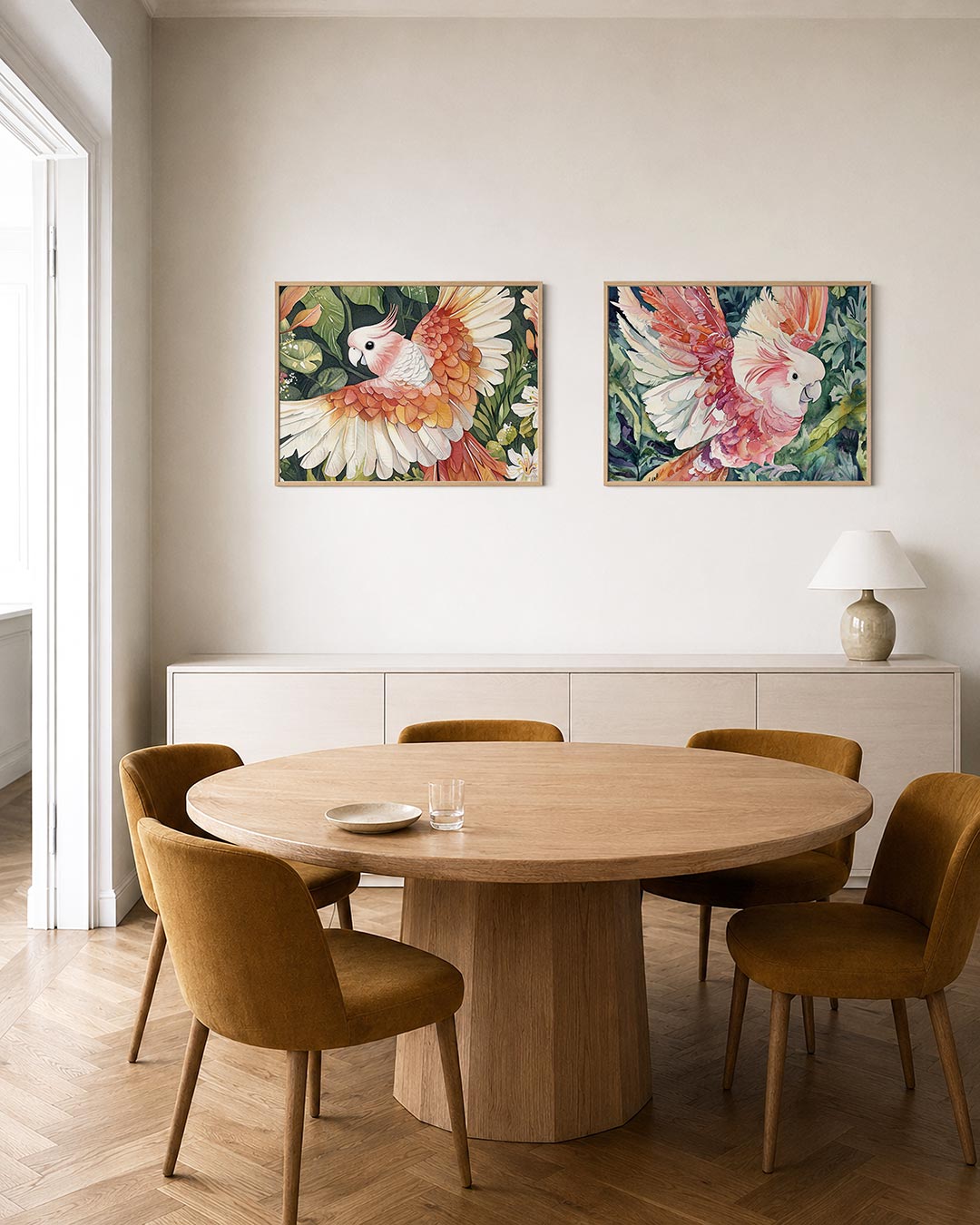 Interieurpresentatie van twee posters met een kleurrijke vogel met roze en oranje veren boven een achtergrond
