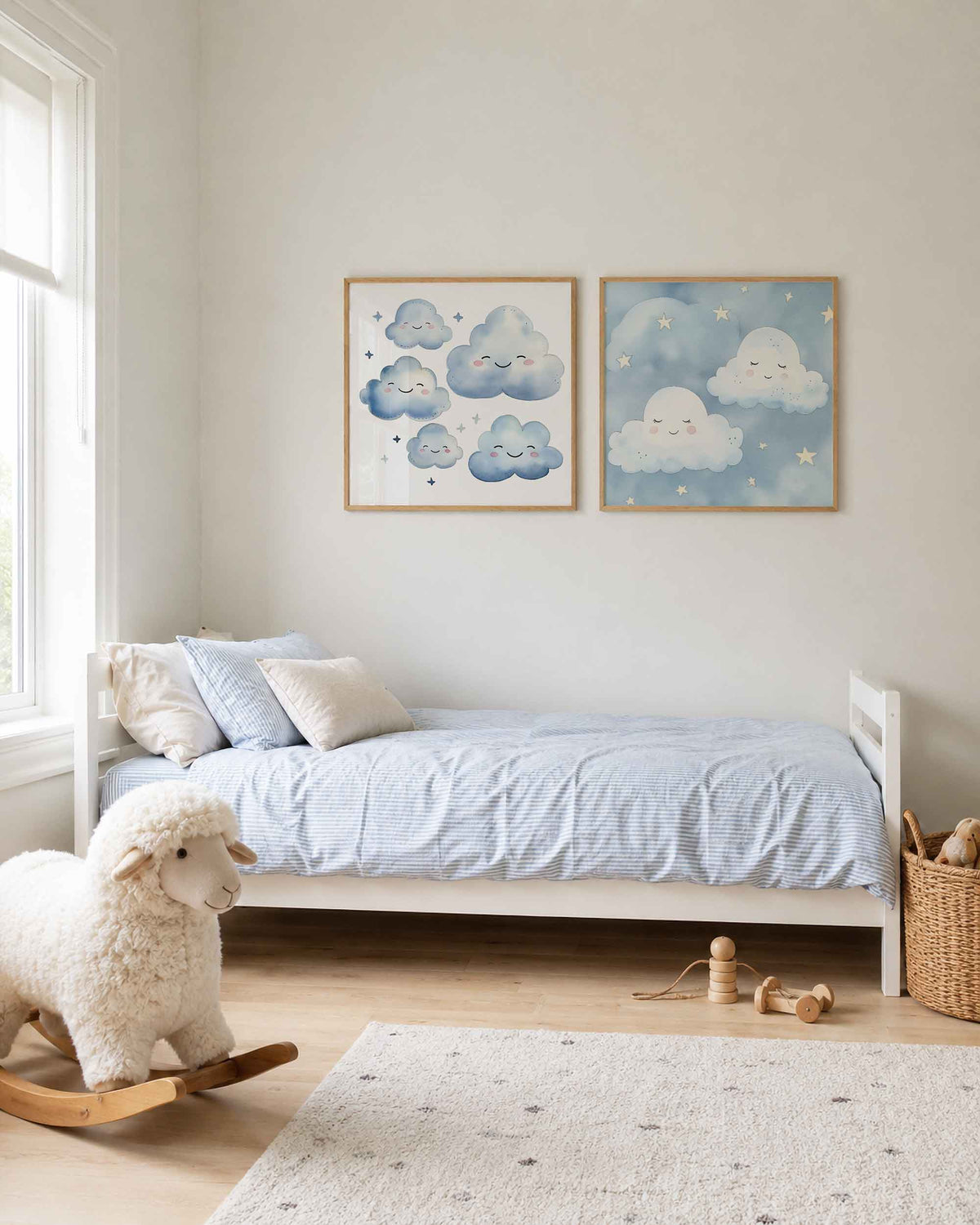 Interieurpresentatie van een tweedelige vierkante posterset met slapende wolken