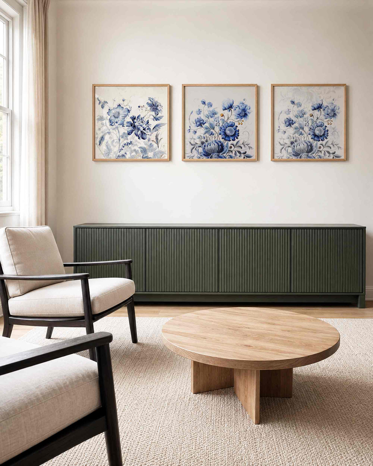 Interieurpresentatie van een driedelige vierkante posterset met blauwe bloemen