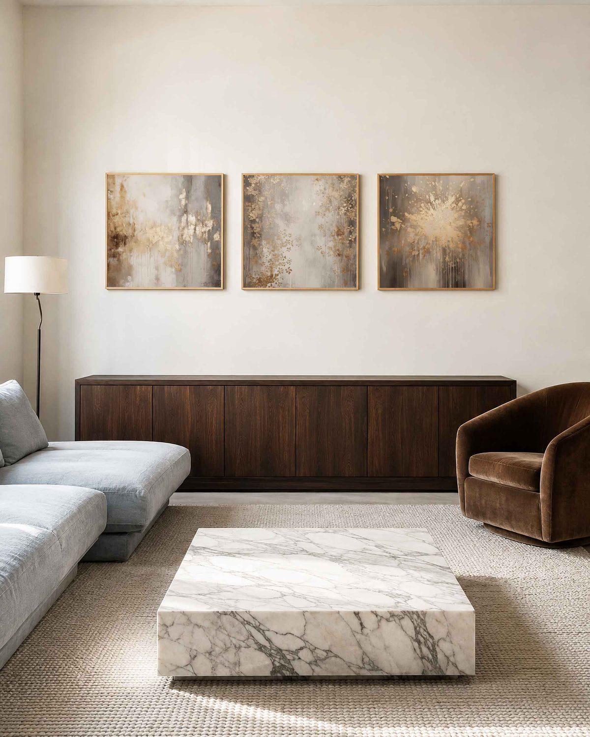 Interieurpresentatie van een driedelige vierkante posterset met abstracte beige schilderingen