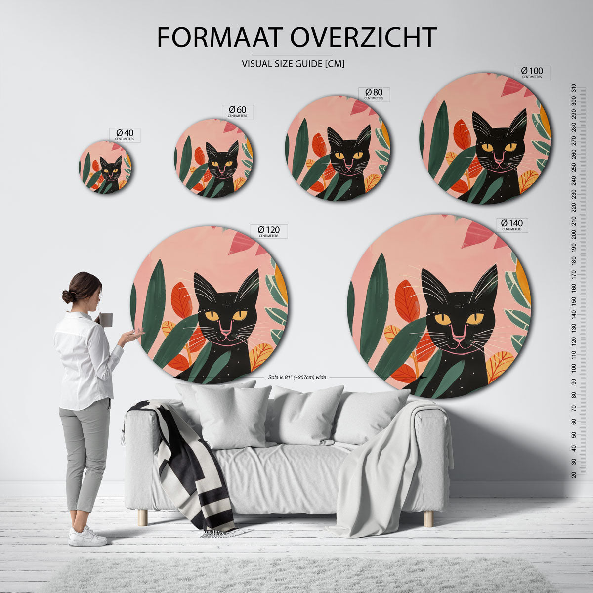 Zwarte kat en bladeren Muurcirkel