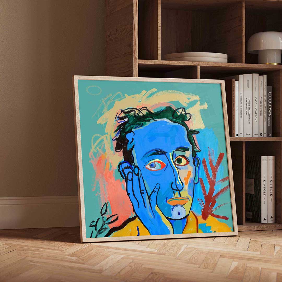 Blauw gezicht met hand Poster