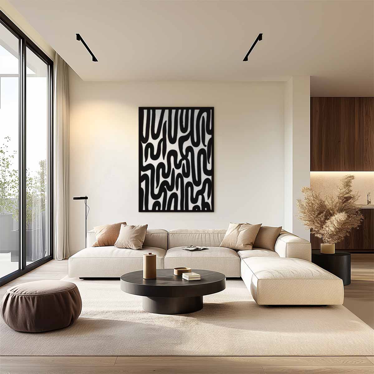 Golvende Zwarte Lijnen op Wit Kunstwerk-canvas-dibond-plexiglas-wanddecoratie-WallArtistic