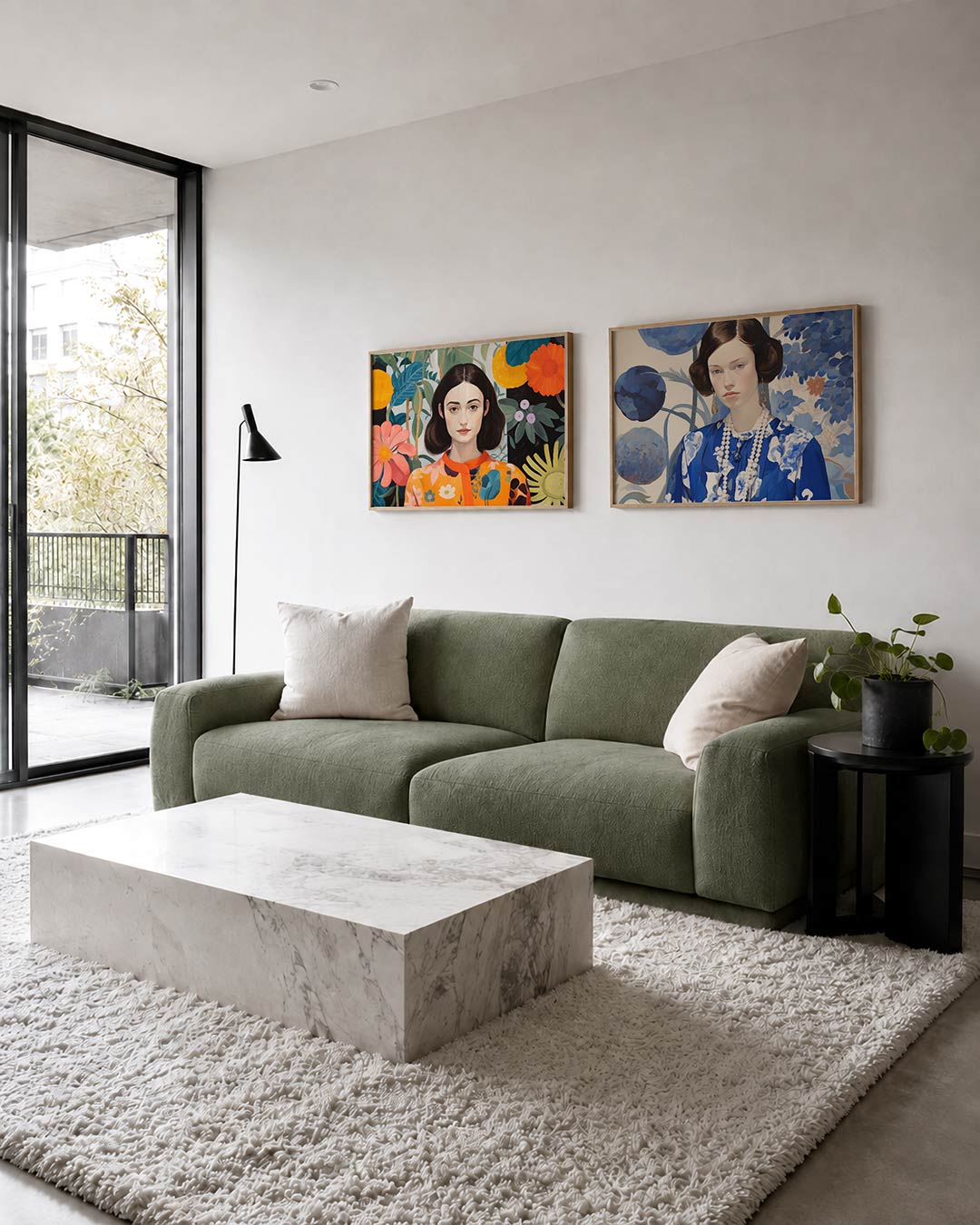 Tweedelige posterset met een vrouw omringd door grote bloemen en bladeren, getoond in een interieur