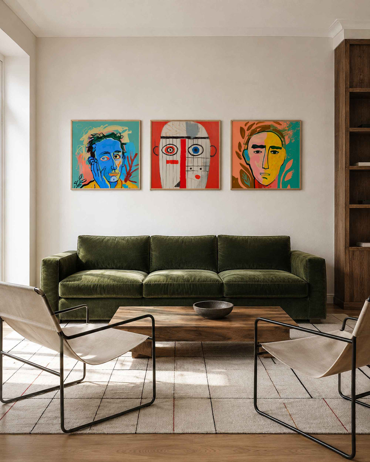 Interieurpresentatie van een driedelige vierkante posterset met abstracte gezichten