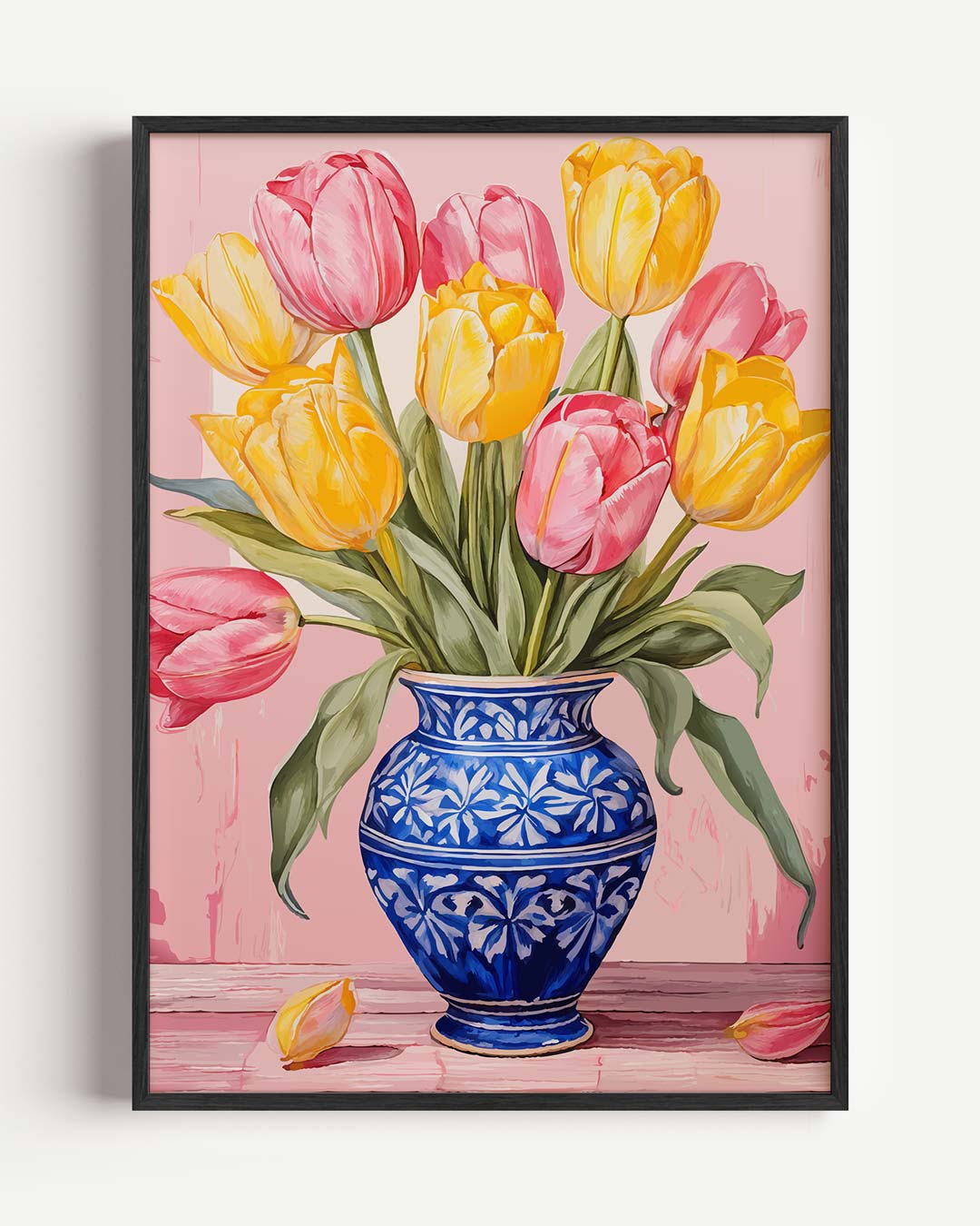 Bloeiende Tulpen in Blauwe Vaas Poster-WallArtistic
