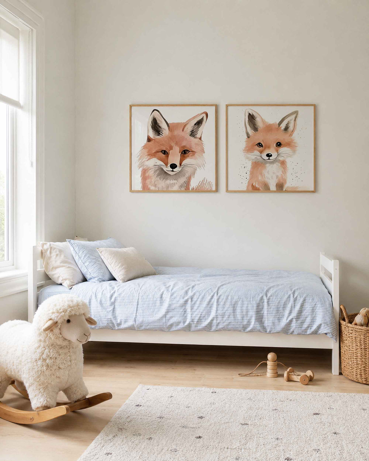Interieurpresentatie van een tweedelige vierkante posterset met vosportretten