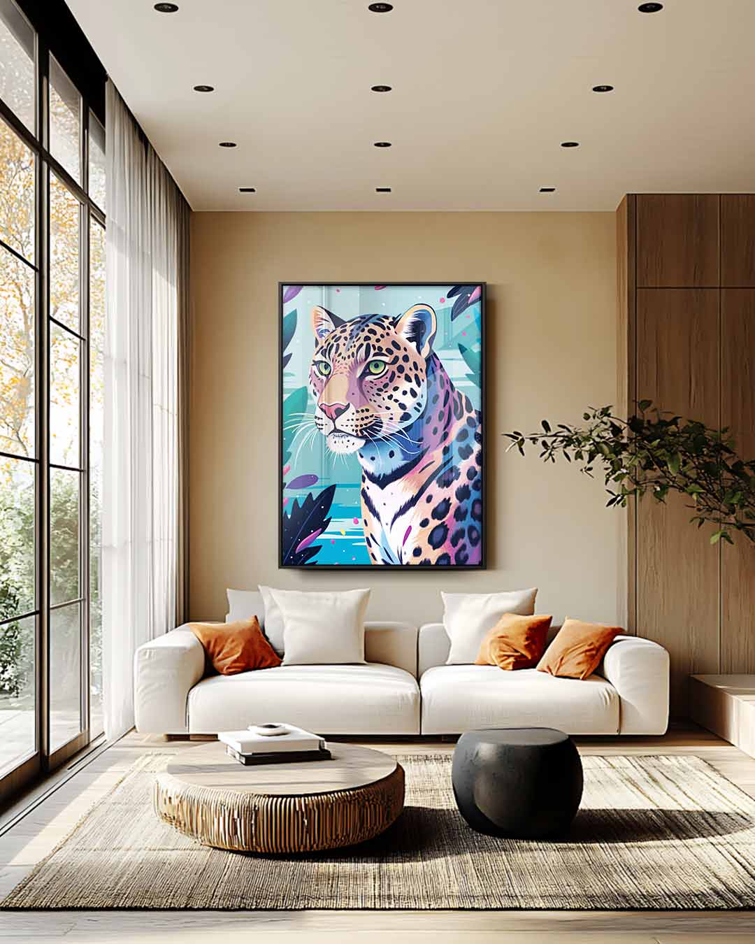 Elegante Luipaard in Kleurrijke Jungle Kunstwerk-canvas-dibond-plexiglas-wanddecoratie-WallArtistic