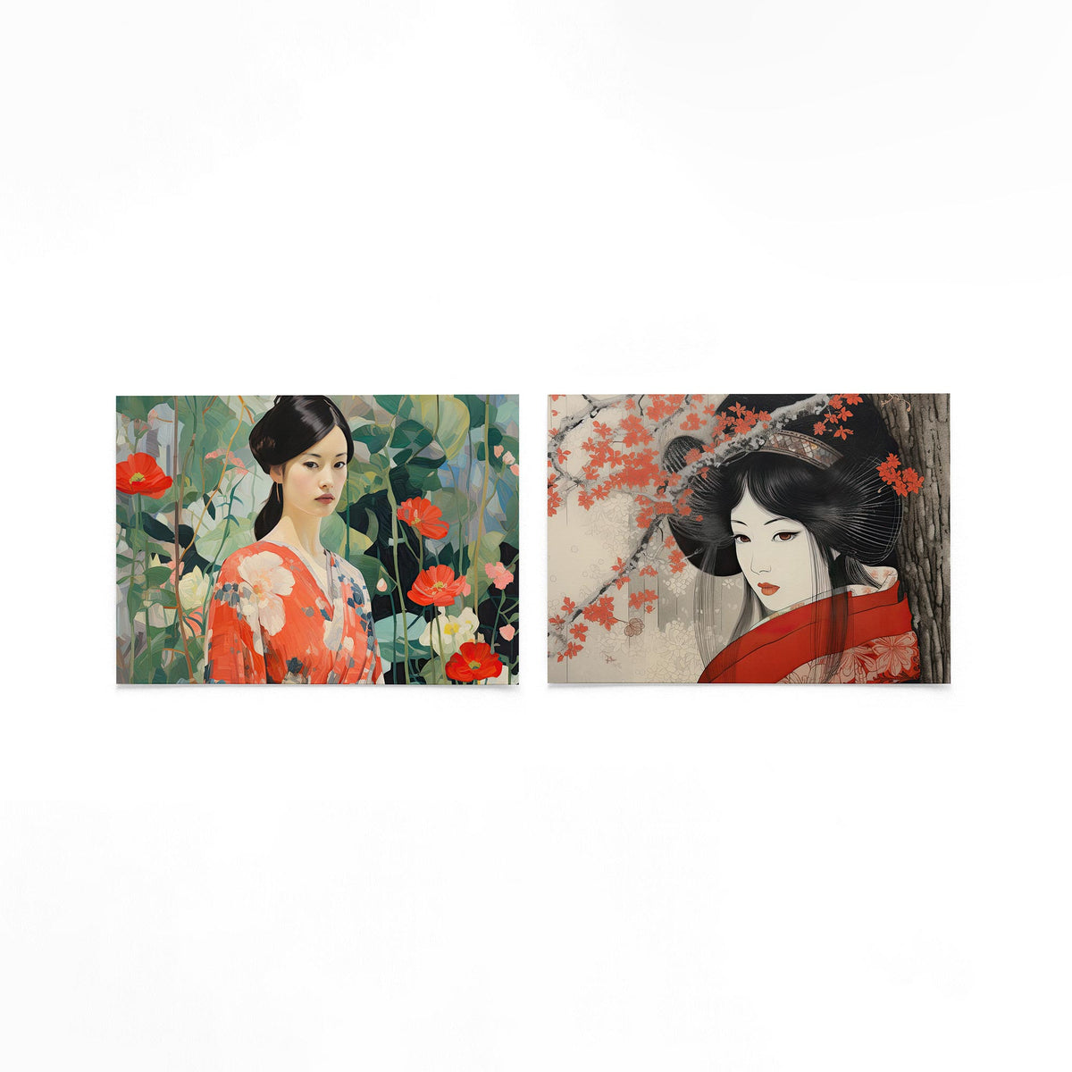 Twee liggende posters met een vrouw in een kleurrijke kimono op een gebroken witte achtergrond