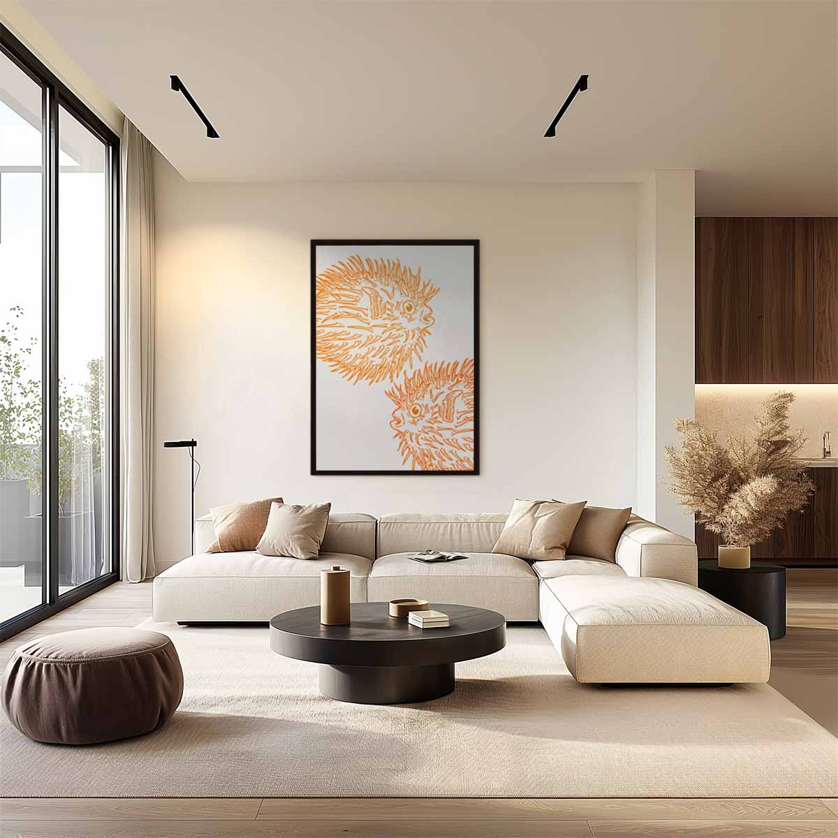 Opvallende Oranje Kogelvis Illustratie Kunstwerk-canvas-dibond-plexiglas-wanddecoratie-WallArtistic