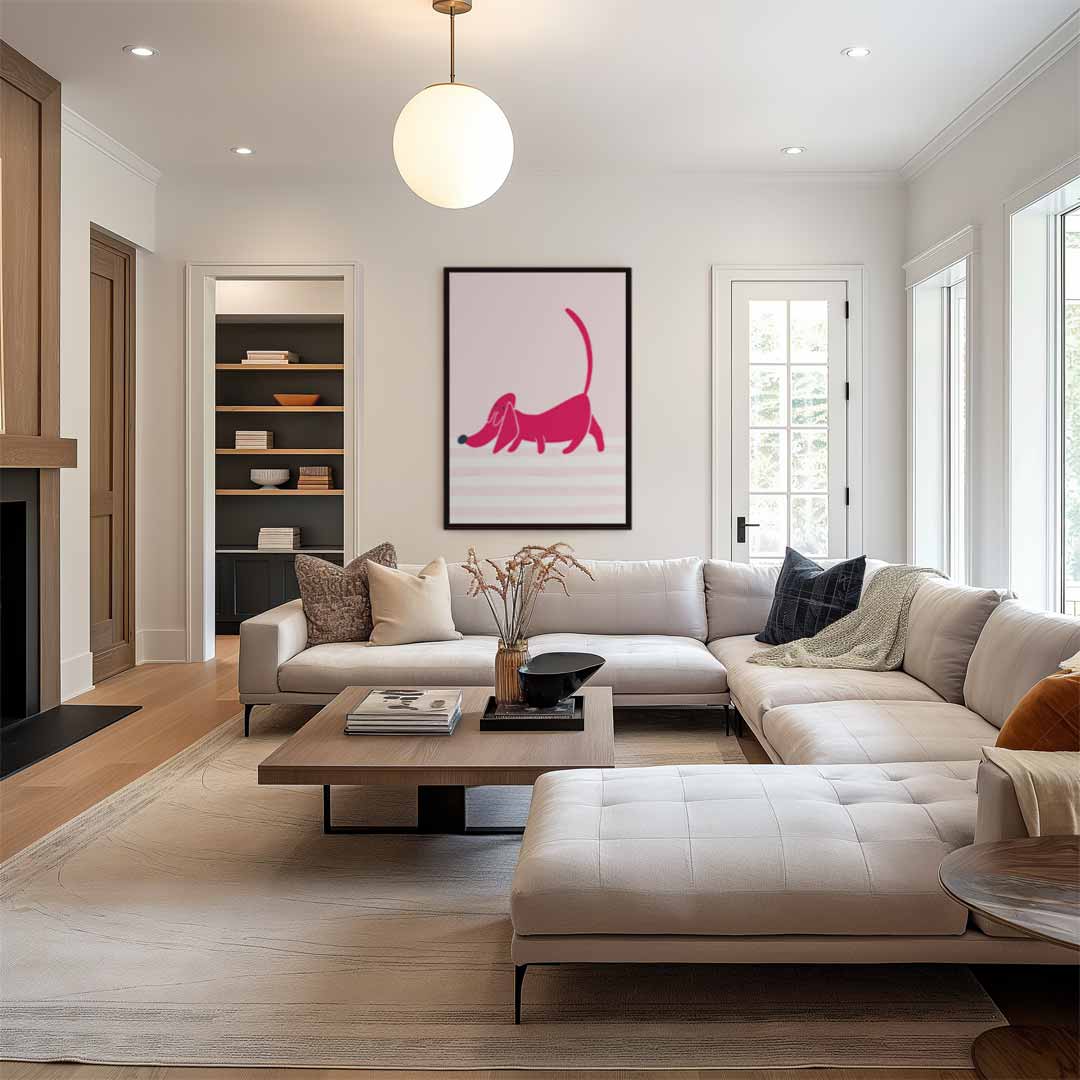 Roze Teckel Illustratie Kunstwerk-canvas-dibond-plexiglas-wanddecoratie-WallArtistic