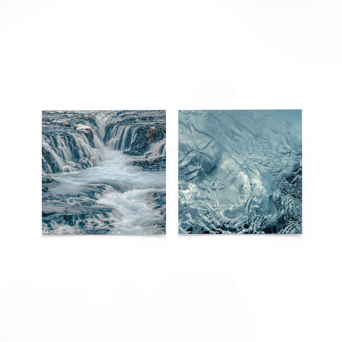 Productfoto van twee vierkante posters met waterval en ijsvormen – Gerald Emming