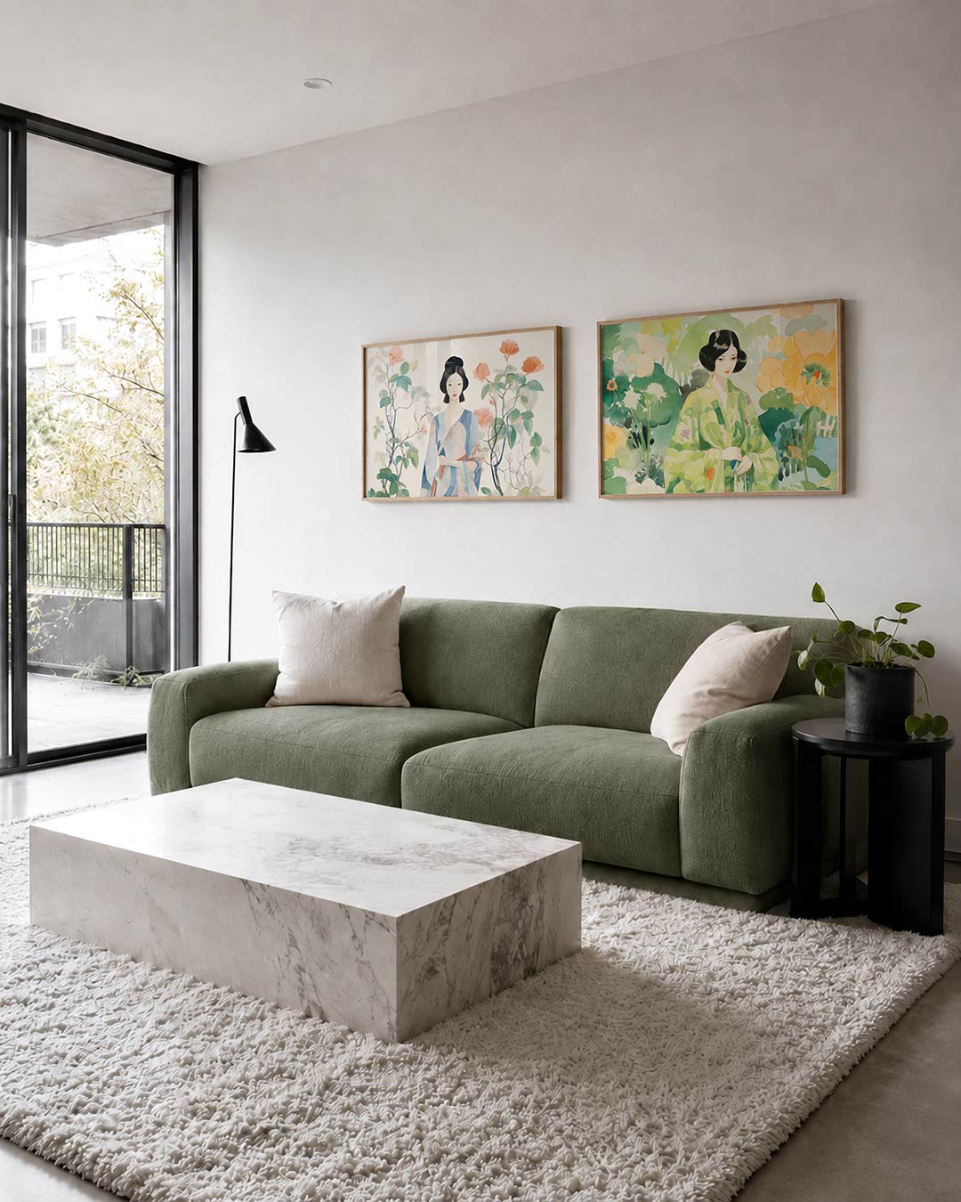 Twee liggende posters met een vrouw tussen bloemen en bladeren in zachte pasteltinten, aan de muur in een interieur