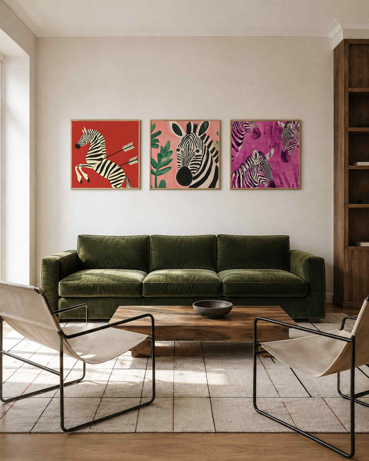 Interieurpresentatie van een driedelige vierkante posterset met zebra portretten