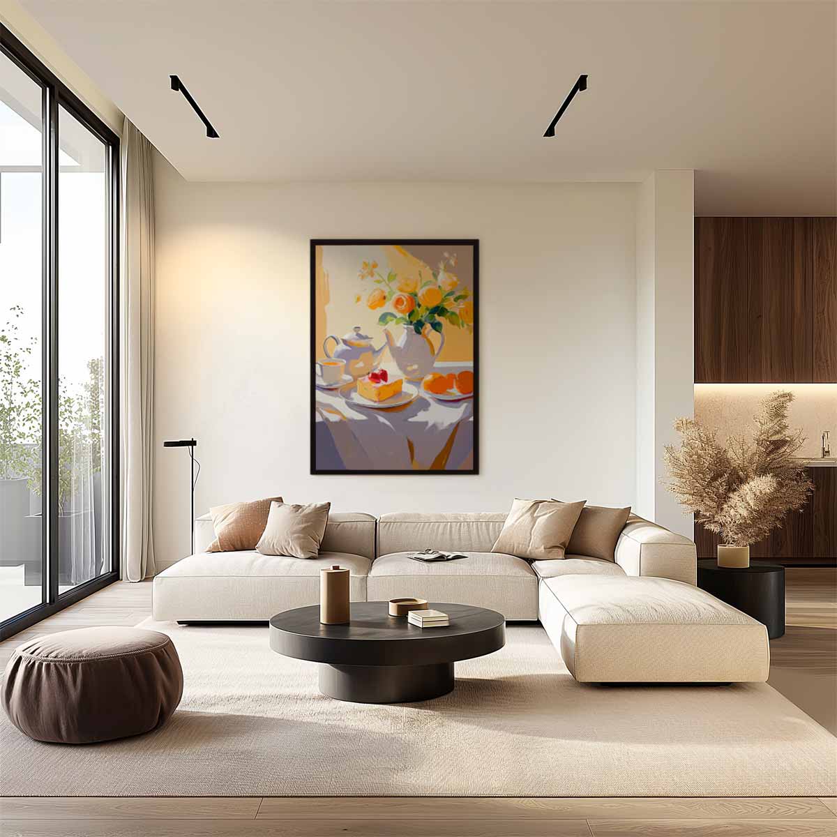Zonovergoten Stilleven met Bloemen en Thee Kunstwerk-canvas-dibond-plexiglas-wanddecoratie-WallArtistic