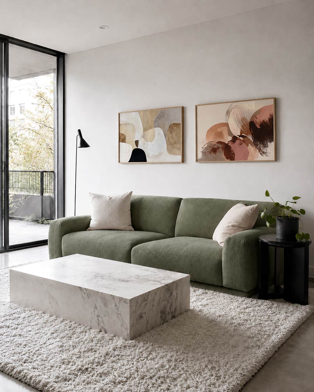 Tweedelige posterset met zachte, organische vormen in beige, wit en zwart, getoond in een interieur